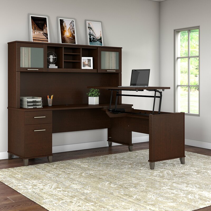 Wooden Hanrahan Height Adjustable L-Shape Standing Desk With Hutch with Dual Monitor