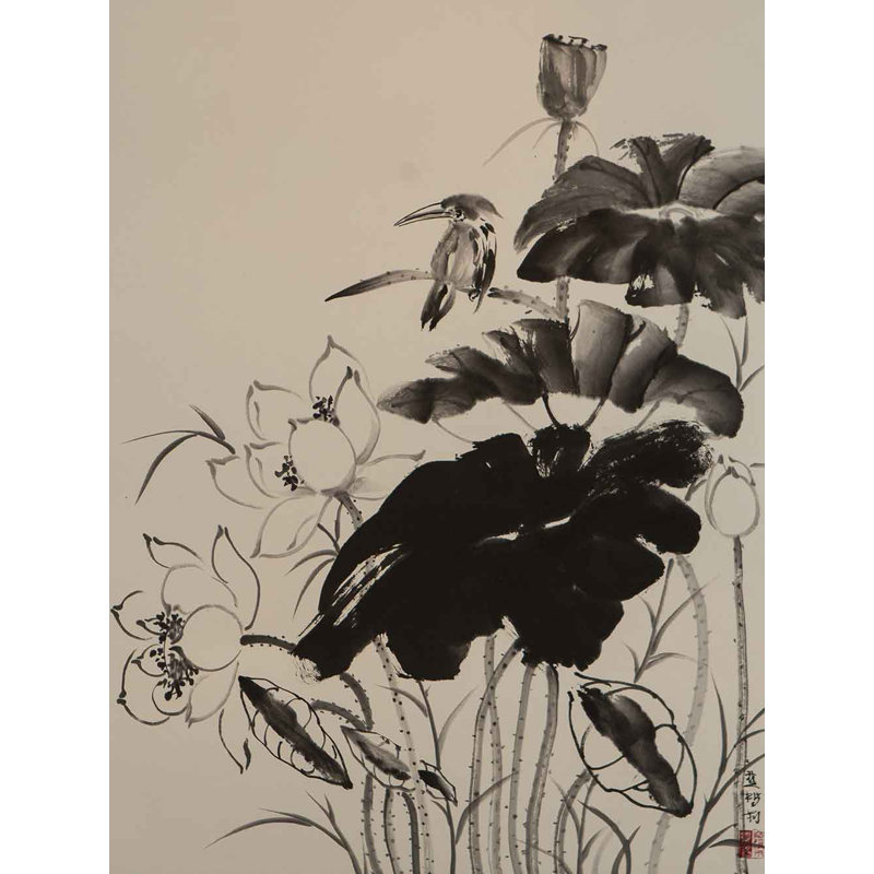 Kingfisher In Lotus Pond Acrylic Painting Print On Canvas Joss