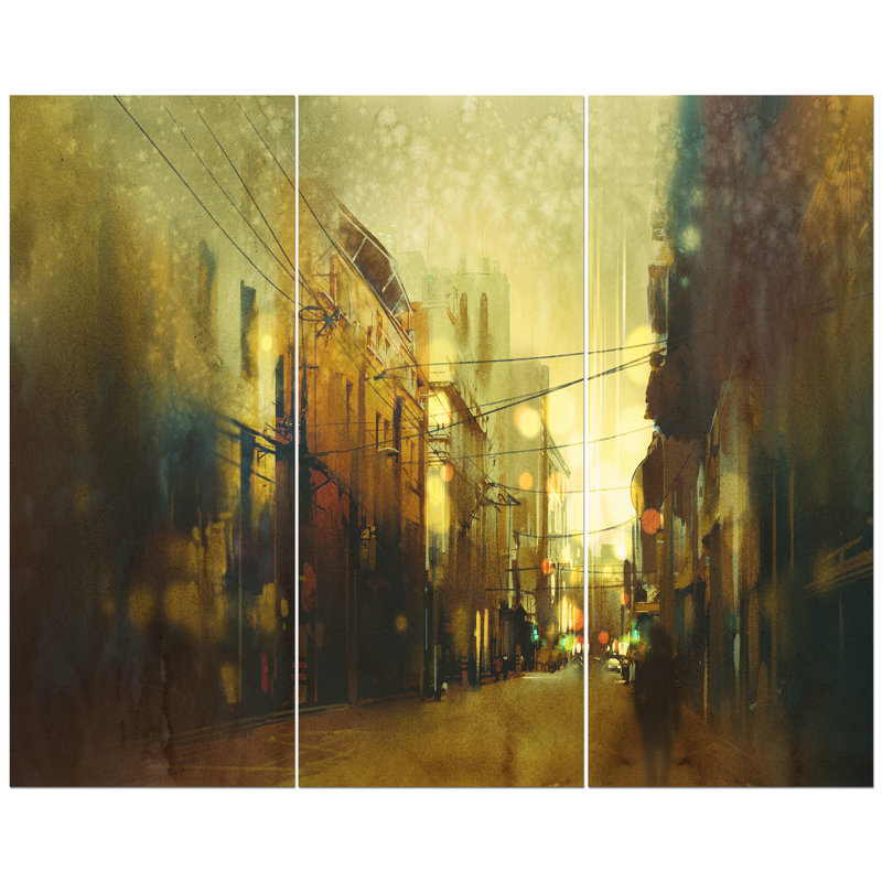 East Urban Home Vintage City Street At Night Oil Painting Print