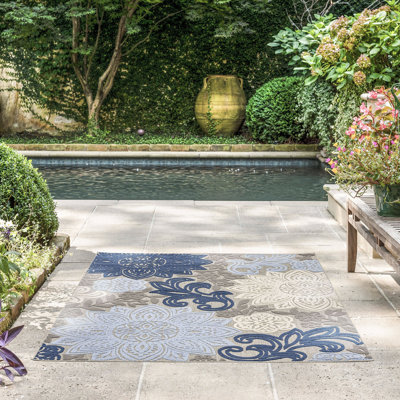 Floral Flatweave Water Resistant Indoor Outdoor Rugs for Patios, Deck, Porch or Entryway