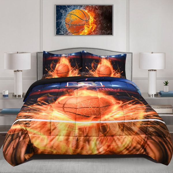 Bed Sheet 3 Piece Set 1 Flat+1 Fitted+1 Pillowcases-3D Sports Basketball Microfiber Bedding Sheet-Twin Size