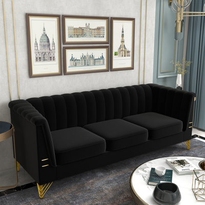 (Incomplete) 83 Inch Wide Luxury Tufted Velvet Rolled Arms Chesterfield Sofa With Golden Legs