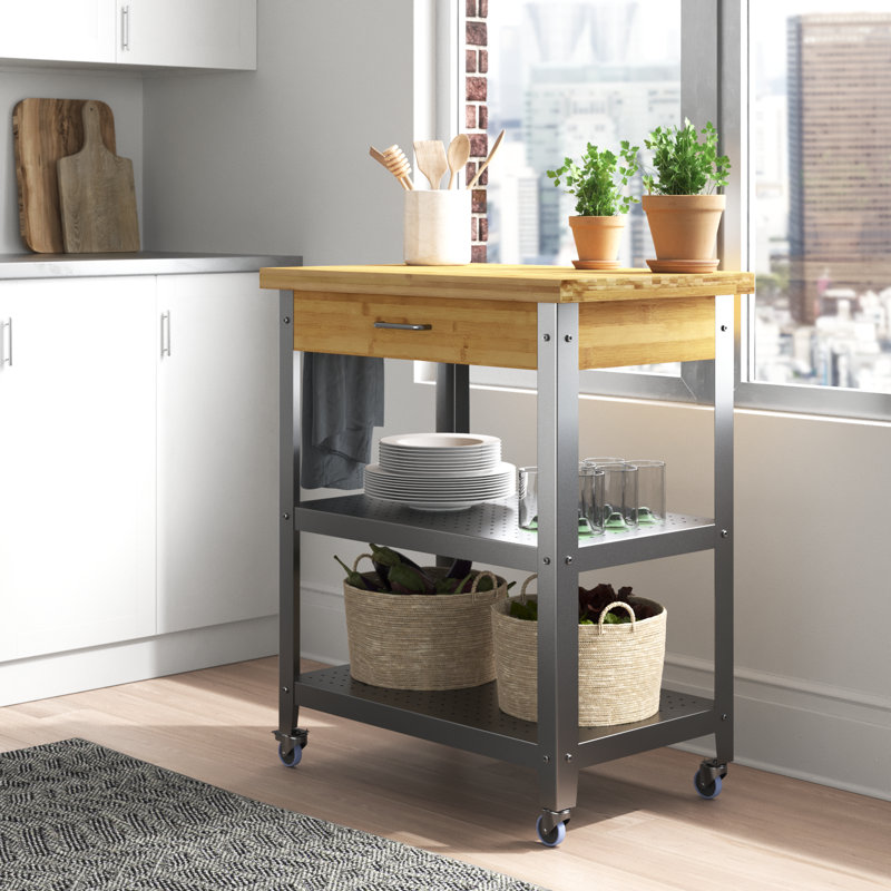 Costas Kitchen Cart with Solid Wood Top Counter Material: Natural