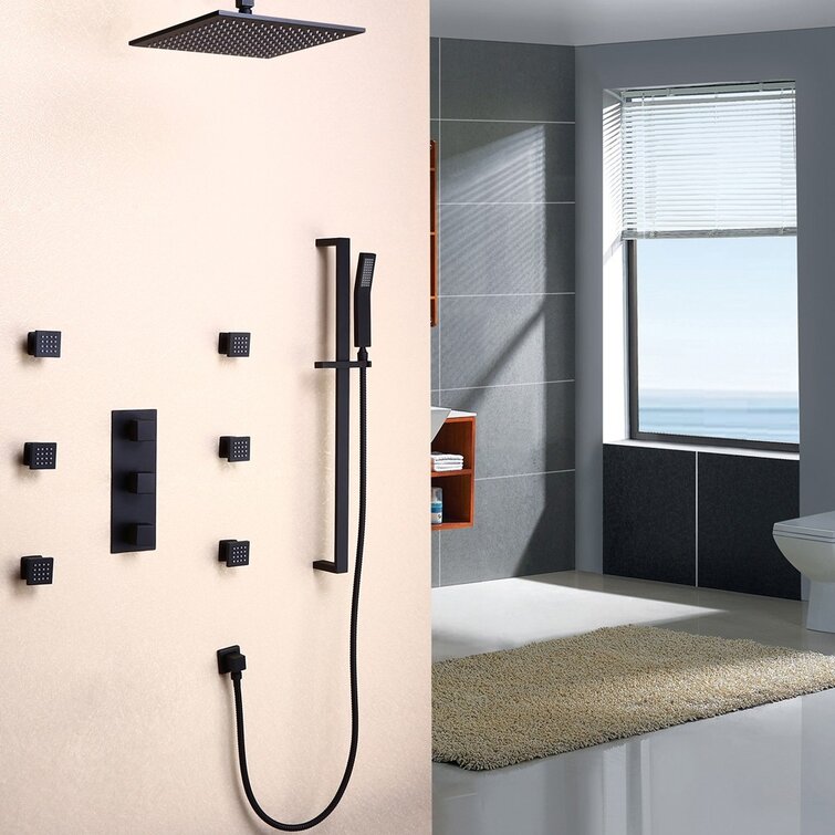 Bathroom Rainfall 12" LED Shower Head&6 Massage Jets&Hand Spray Mixer Faucet Set 