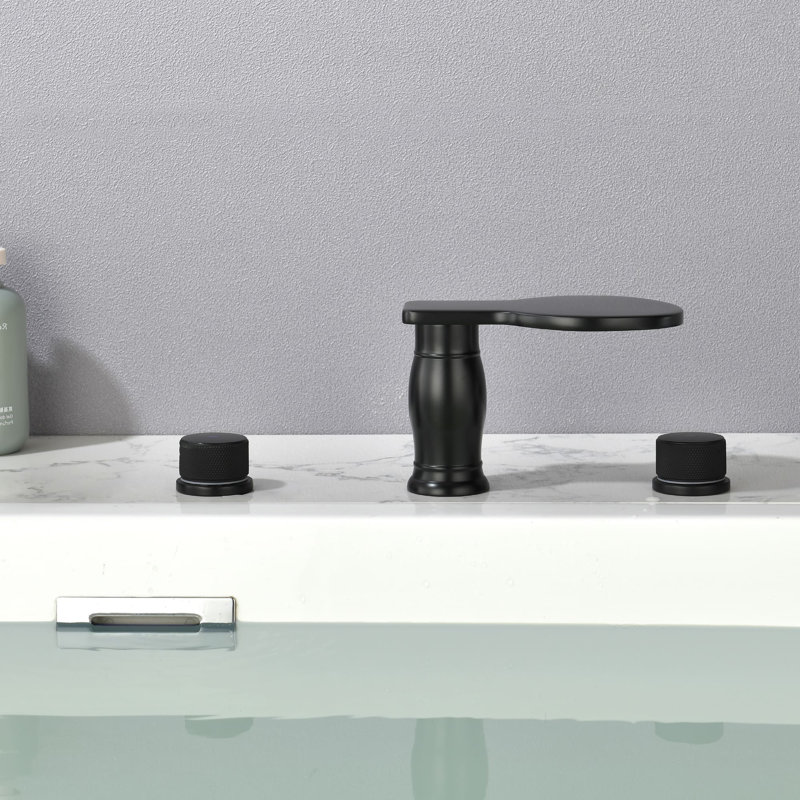 Deck Mounted Waterfall Tub Faucet 3 Hole Bathtub Faucet 2 Handle Brass Tub Filler With Valve Finish: Matte Black