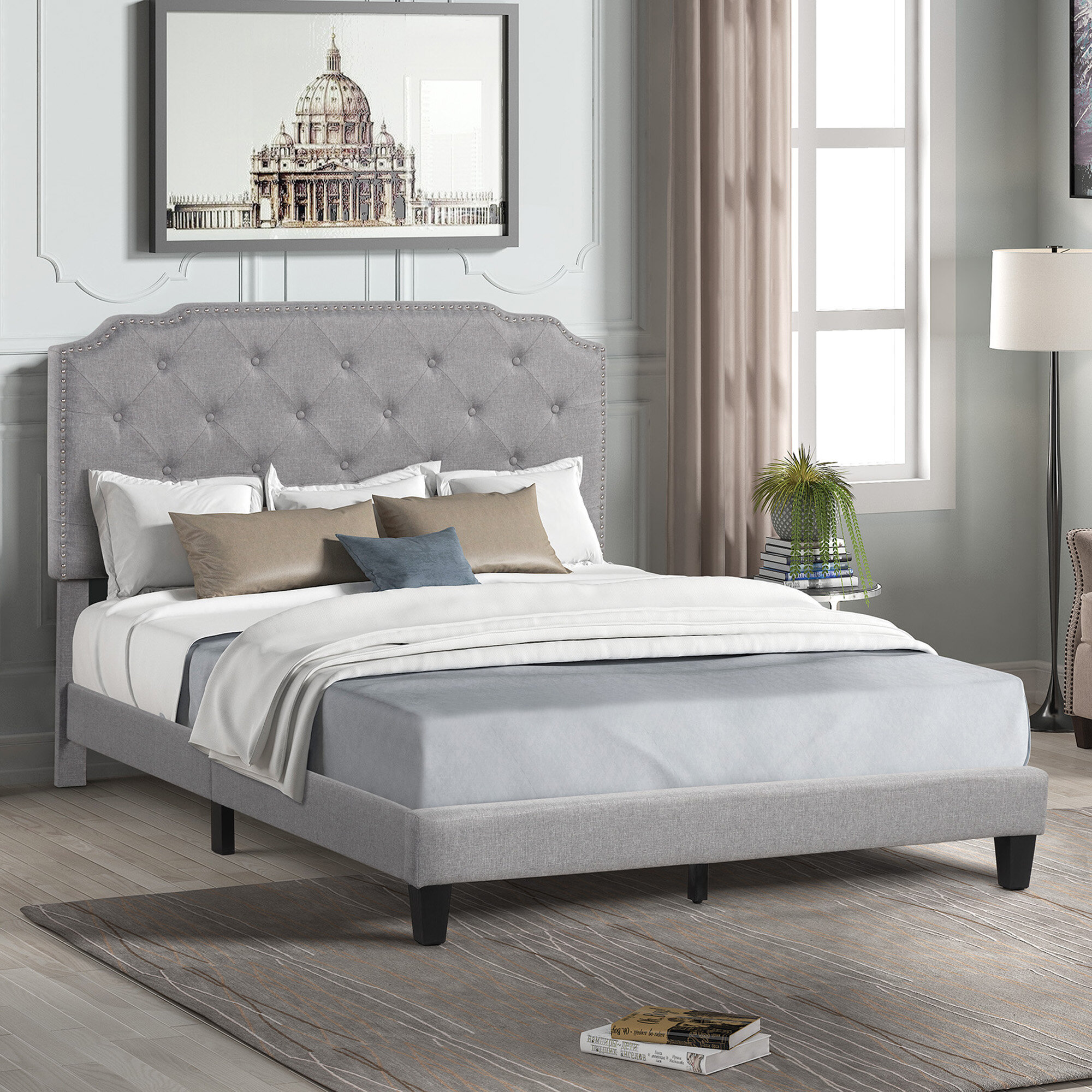 Durable Bed & Mattress Set Double - No Mattress Home Treats Grey Double Bed Frame with Padded Headboard & Mattress Double Bed Grey Fabric Bed Frame Upholstered Double Bed