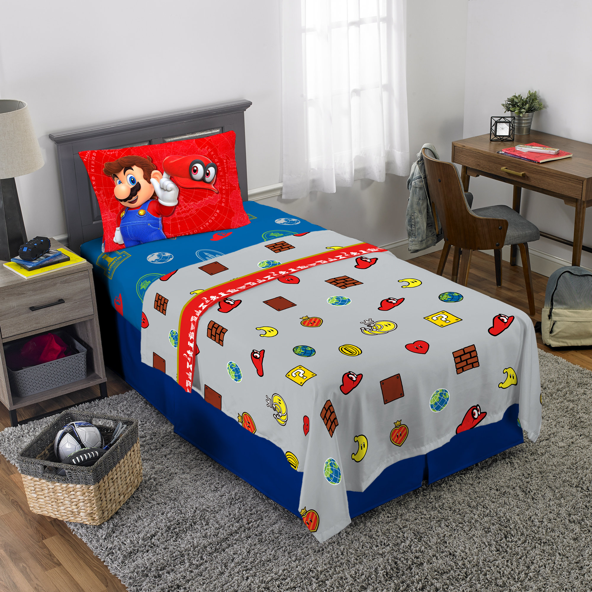NEW KIDS SUPER MARIO ODYSSEY CAPS OFF TWIN/FULL REVERSIBLE COMFORTER AND SHEETS 