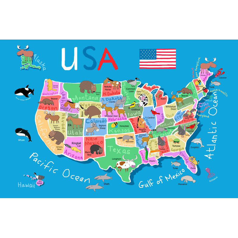 Usa Map To Print Zoomie Kids Olivas 'Blue USA Map' Print on Wrapped Canvas | Wayfair