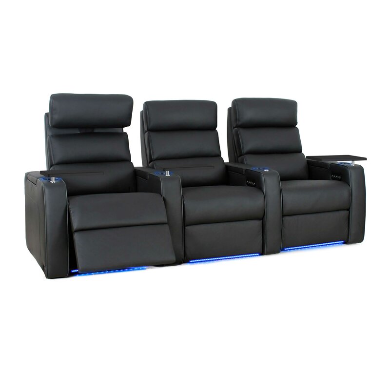 Orren Ellis 96'' Wide Genuine Leather Home Theater Sofa with Cup Holder ...