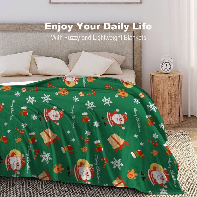 Christmas Decoration Reindeers and Bells Green Red Gold Deer Soft Micro ​Fleece Blanket Home Decor Warm Anti Pilling Flannel 50x60 Throw Blanket for Couch Bed Sofa