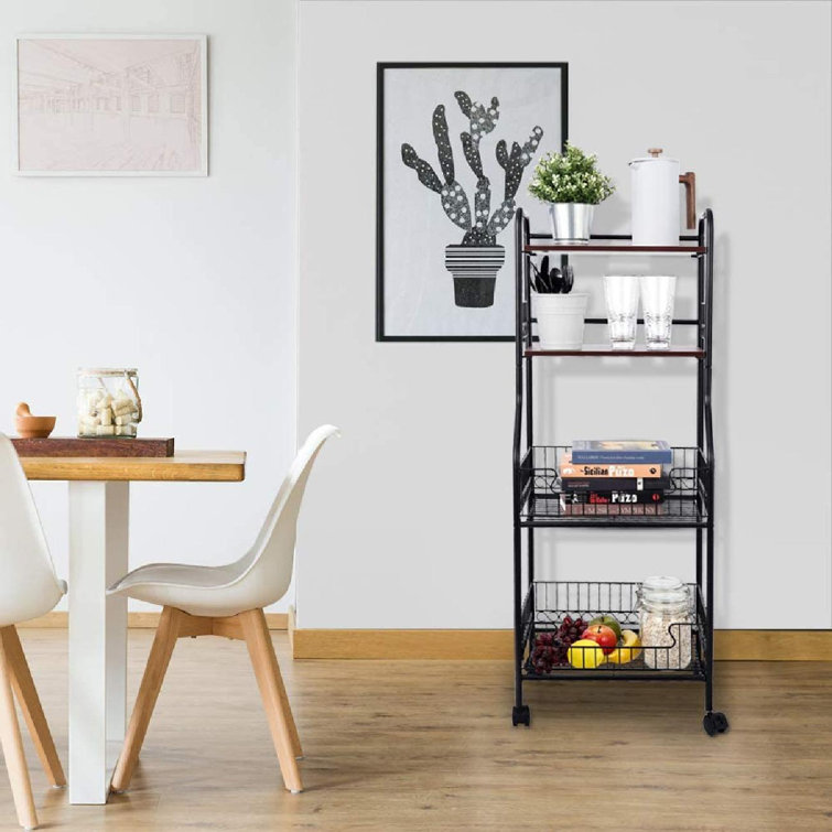Kitchen Island Organizer On Lockable Wheels Rolling Cart Rack 4-Tier  Kitchen Baker's Rack Wire Baskets Coffee Bar Metal Frame Brown Wood