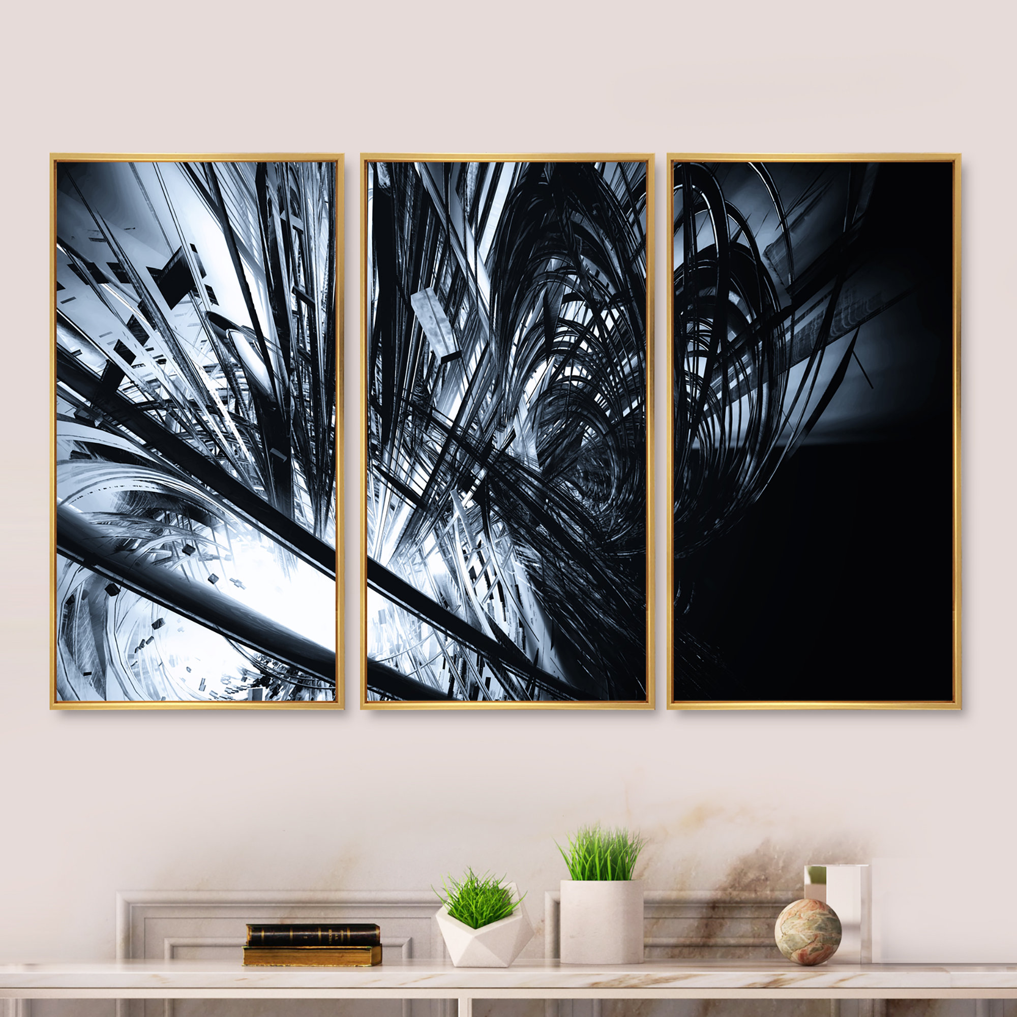 Orren Ellis 3d Abstract Art Black White - 3 Piece Graphic Art On Canvas 