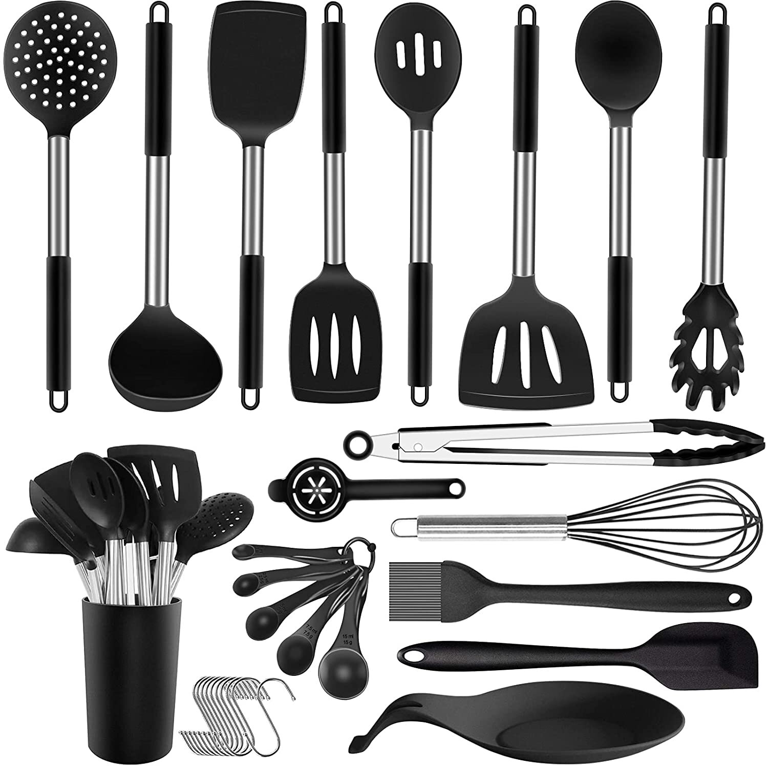 Kitchen Utensils Set Silicone Cooking Utensils   25Pcs Non Stick Heat  Resistant Silicone Spatula Spoons Whisk Tongs Stainless Steel Handle  Cookware ...