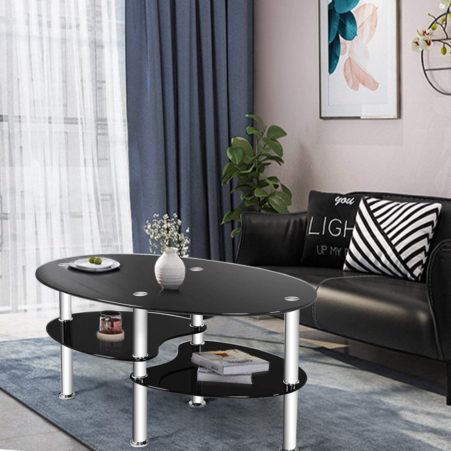 Details about   Glass Coffee Table 2-Tier Modern Oval Smooth Glass Tea Table End Table for Home 