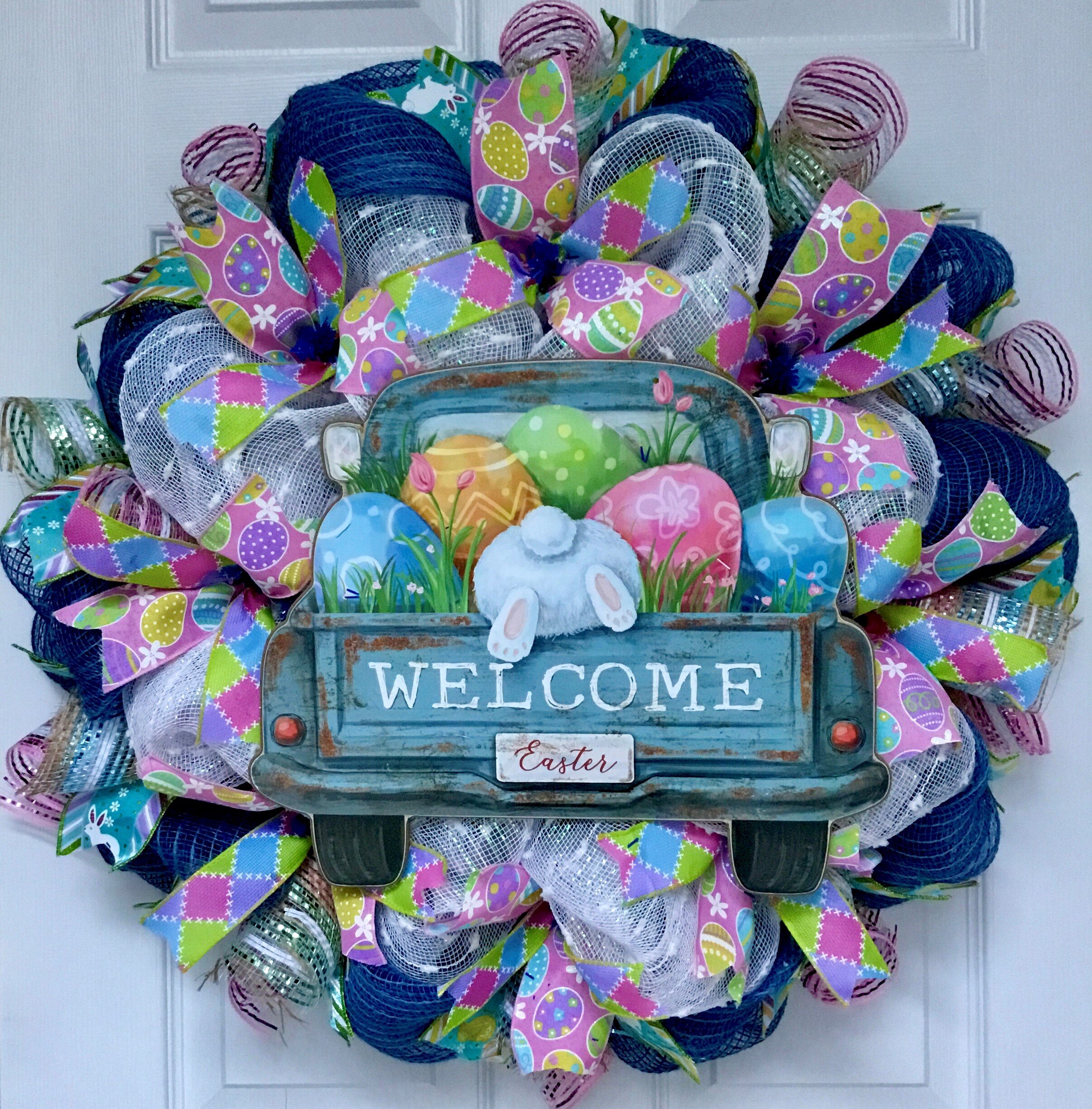22” Easter Deco Mesh Bunny Wreath With Sign “Happy Easter” Green 