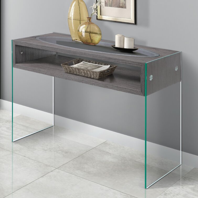 Console Hall Table Clear Glass Rectangle with Wooden Drawer 12mm Tempered Glass