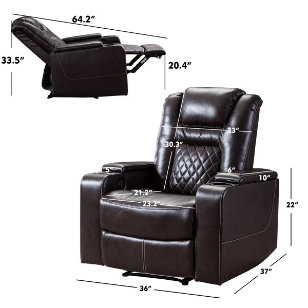36'' Wide Faux Leather Power Recliner Home Theater Individual Seat with Cup Holder