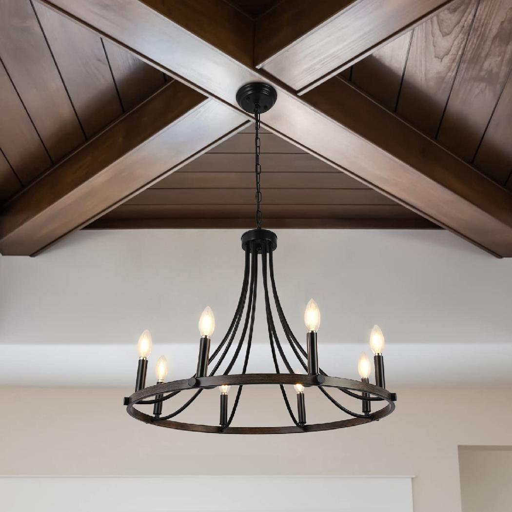 Farmhouse Wagon Wheel Chandeliers, 8-Light Pendant Light Fixtures Vintage Black Chandelier Iron Light Fixture Ceiling Hanging for Dining Room Kitchen