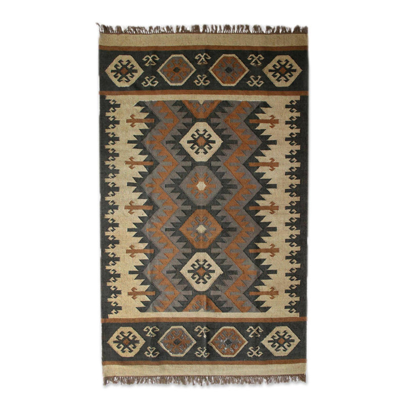 Millwood Pines Mckellar Creative Fusion Dhurrie Hand Knotted Wool Brown Area Rug Wayfair