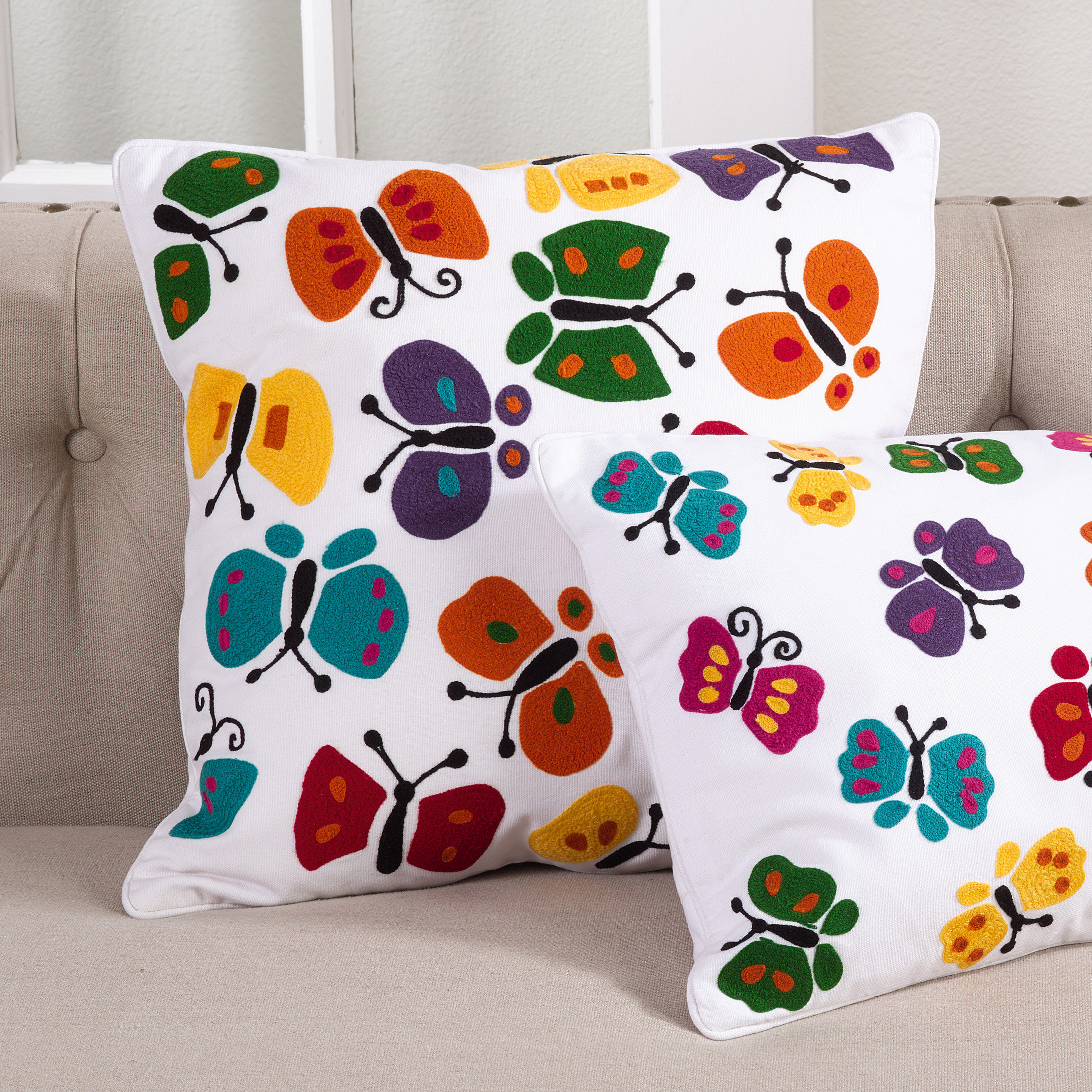 Saro Hahai Embroidered Butterfly Applique Cotton Feather Throw