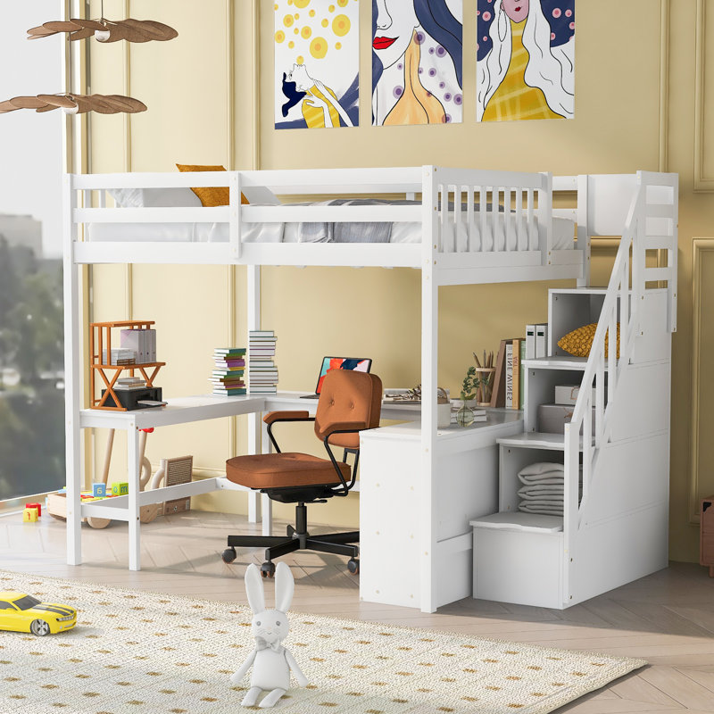 Ennie Full Loft Bed with Built-in Desk and Bookcase Bed Frame Color: White
