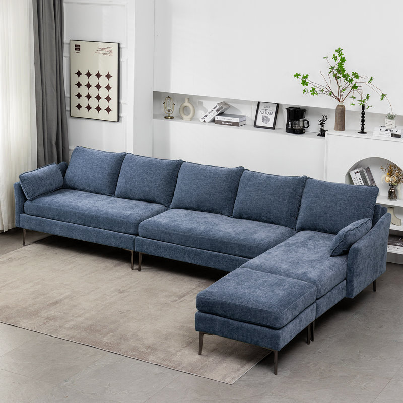 ( incomplete)4 - Piece 137.4\" Wide Chenille Reversible Modular Corner Sectional Fabric: Blue Foam