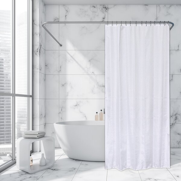 WHITE POLYESTER DIAMANTE SHOWER CURTAIN BATH BATHROOM WITH HOOKS NEW 