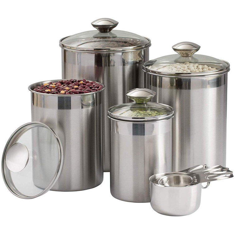 Beautiful Canisters Sets For The Kitchen Counter,Stainless Steel, Medium Sized With Glass Lids And Measuring Cups - Silveronyx Tea Coffee Sugar Flour ...
