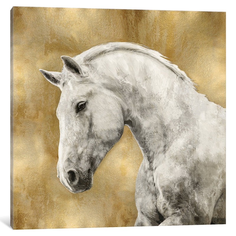 East Urban Home White Stallion On Gold Painting Print On Canvas