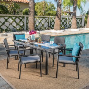 Carlena Outdoor Wicker 7 Piece Dining Set with Cushions