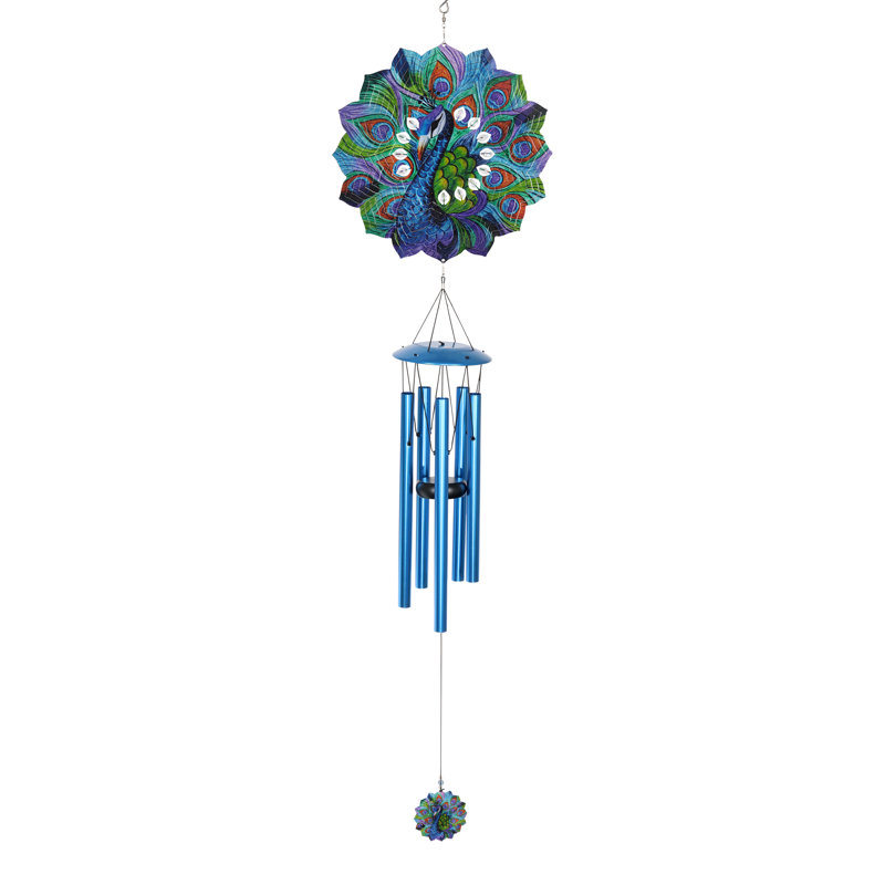 Buswell Art In Motion Laser Cut Peacock Metal Spinner Wind Chime