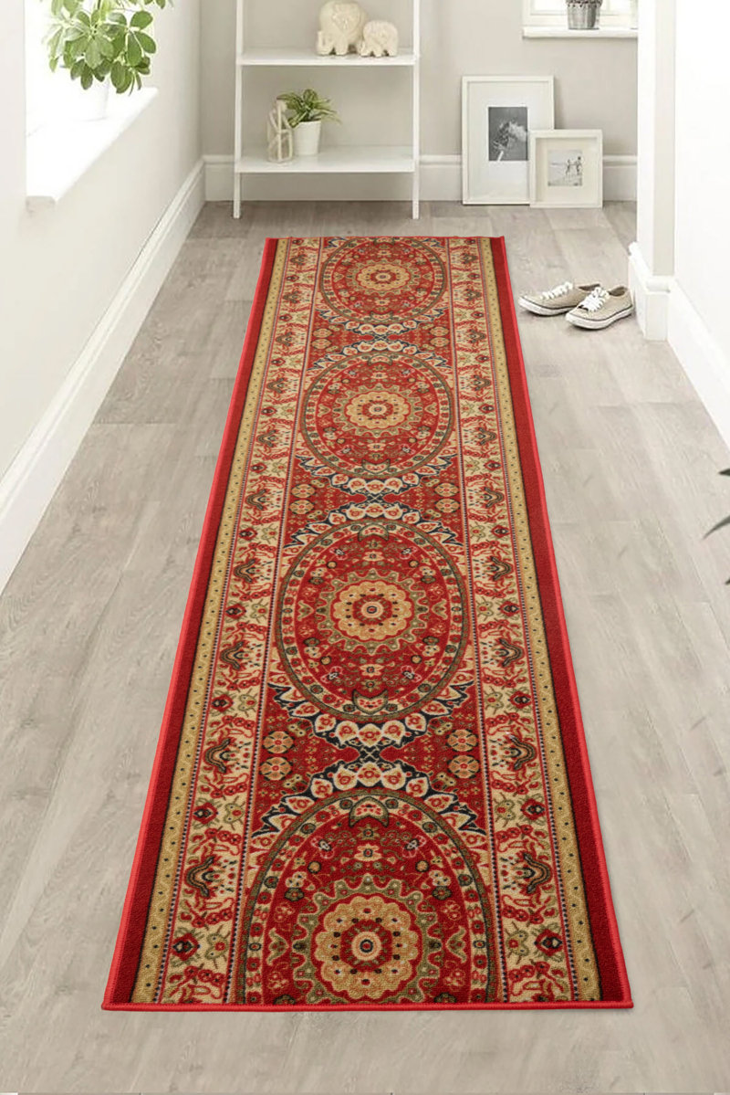 Custom Size Runner Rug Oriental Persian Medallion Red Low Pile Slip Resistant Runner Rugs by Feet Rug Size: Runner 2'8" x 38'