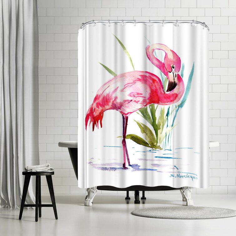 Exotic Flamingo And Gold DotsWaterproof Fabric Shower Curtain Set Bath 71Inch 