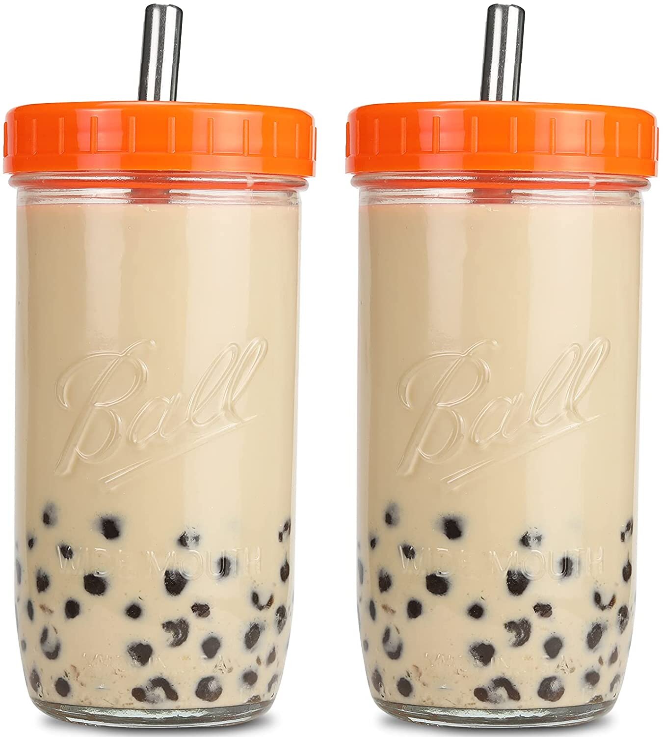 2-Pack, 24 oz Mason Jars Droutti Reusable Wide Mouth Smoothie Cups Boba Tea Cups Bubble Tea Cups with Lids Mason Jars Glass Cups with Gold Straws and Brush