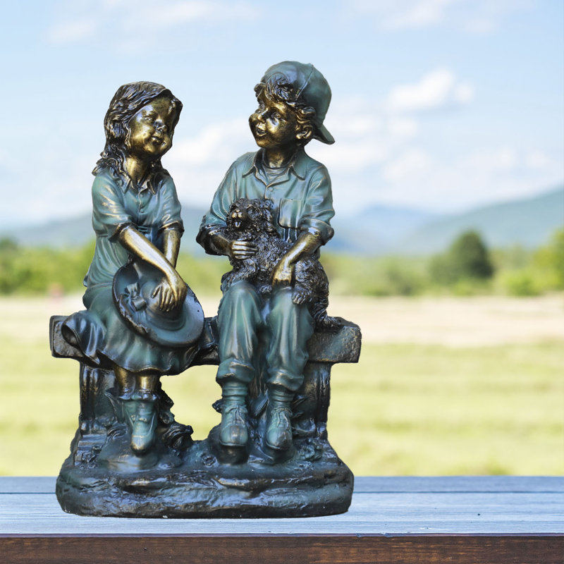 Yadiel Girl and Boy Sitting on Bench with Puppy Statue