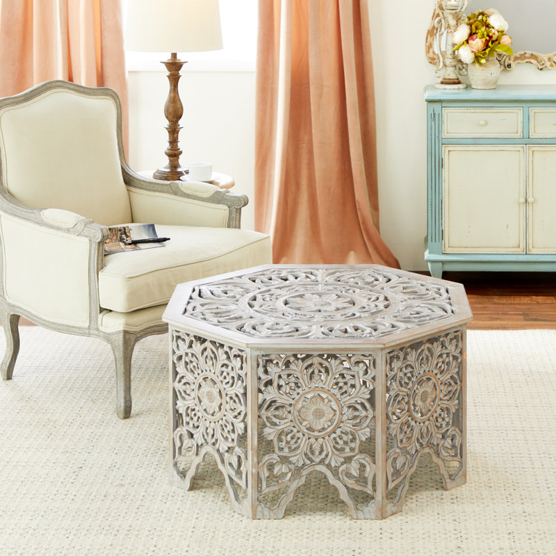 Gray-Washed Decorative Carved Wood Coffee Table, 33" X 18"