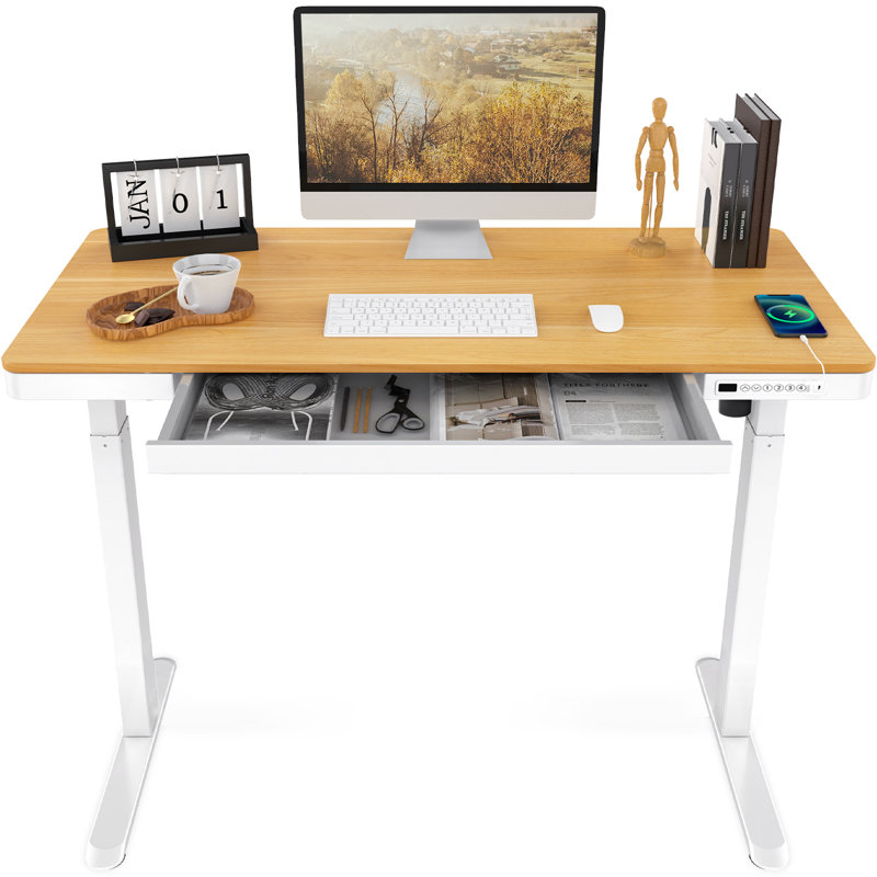 Home Office Height Adjustable Standing Desk with Drawer Color (Top/Frame): Maple/White, Size: 46.5" H x 55" W x 28" D