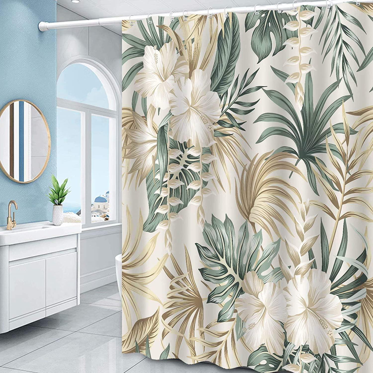 Summer Tropical Palm Leaves Flower Waterproof Fabric Shower Curtain Set 