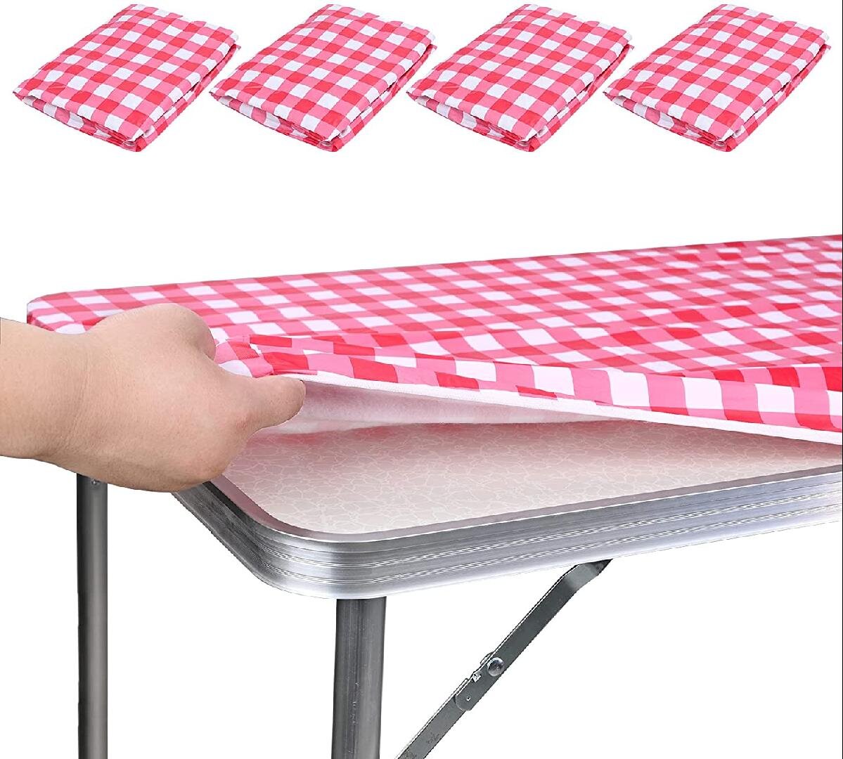 Checkered, 30 x 72 Inch Rectangle Tight Fit Vinyl Elastic Tablecloth for Folding Table 6ft Rectangle Elastic Fitted Tablecloth Waterproof Oil-Proof PVC Table Cloth Stain-Resistant Wipeable