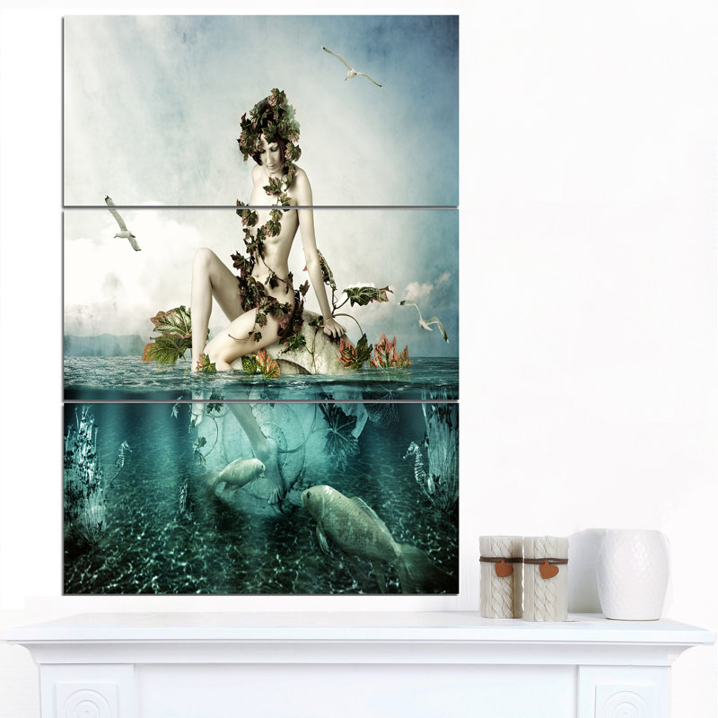 Designart Sexy Woman Seating On Shell 3 Piece Graphic Art On