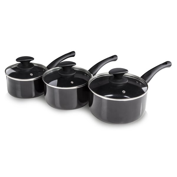 3-Piece Tower Essentials Pan Set with Non-Stick Ceramic Inner Coating and Glass Lid Black 