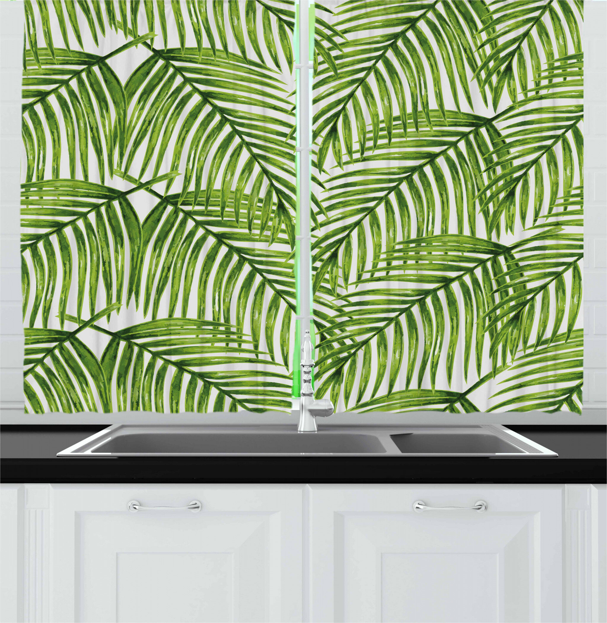 East Urban Home Floral Pointed 55'' Kitchen Curtain in Green/White ...