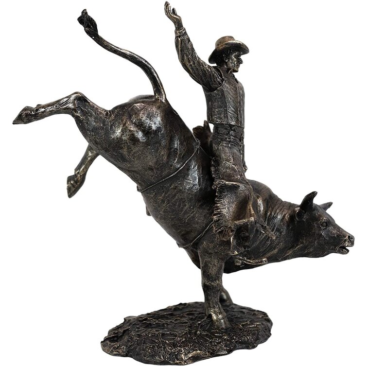 Wild Western Rodeo Cowboy With Bucking Bull Bronze Electroplated Statue 