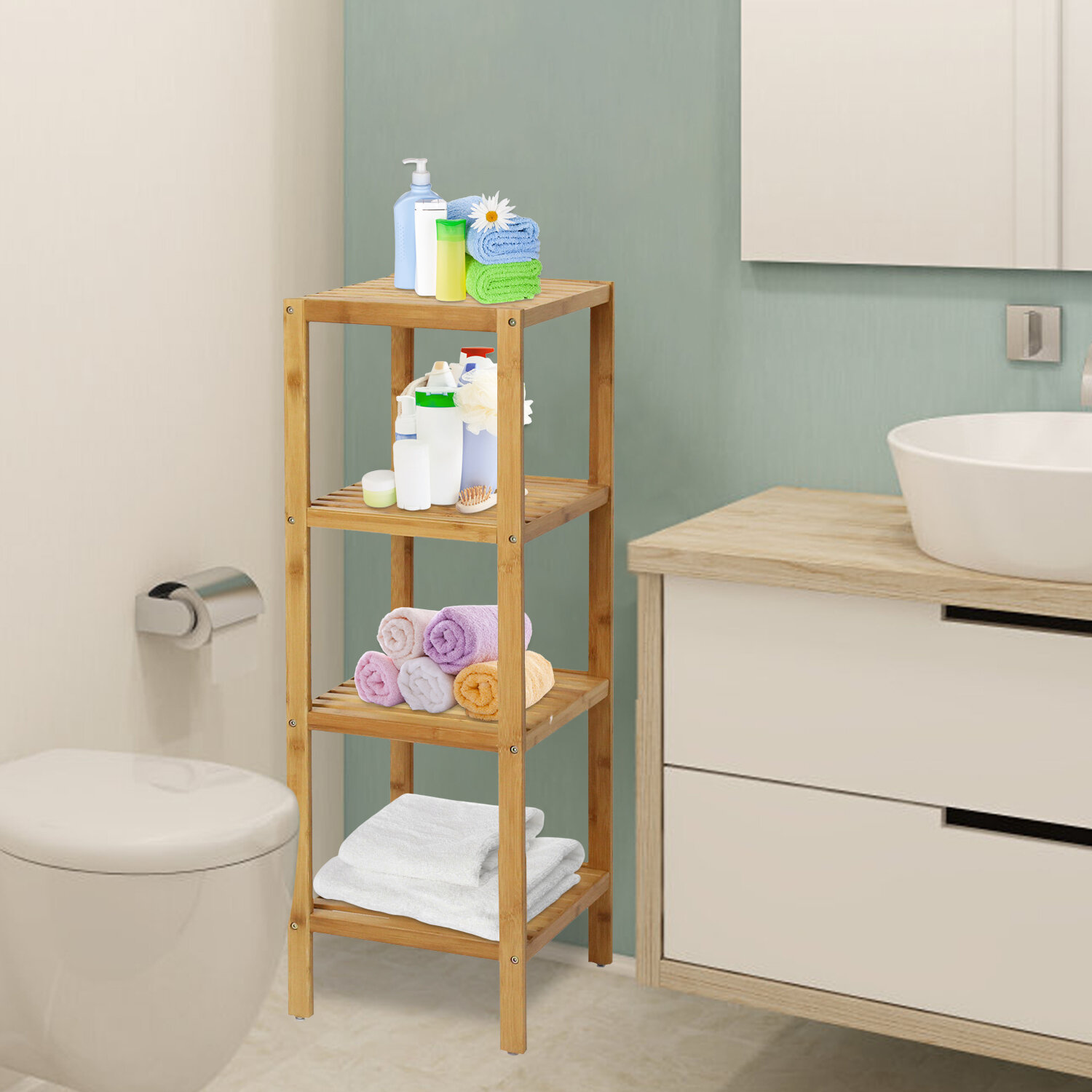 3 Tier Bamboo Wood Towel Rack Rail Bathroom Organiser Free Standing Storage Unit 