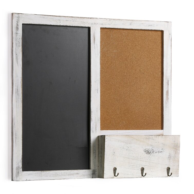 & Key Hooks Shelf Wall Mounted Gray Wood Chalkboard/Cork Board w/ Mail Basket 