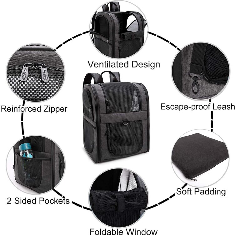 Black Safety Features and Cushion Back Support for Travel Pet Carrier Backpack for Large/Small Cats and Dogs Hiking Puppies Outdoor Use 