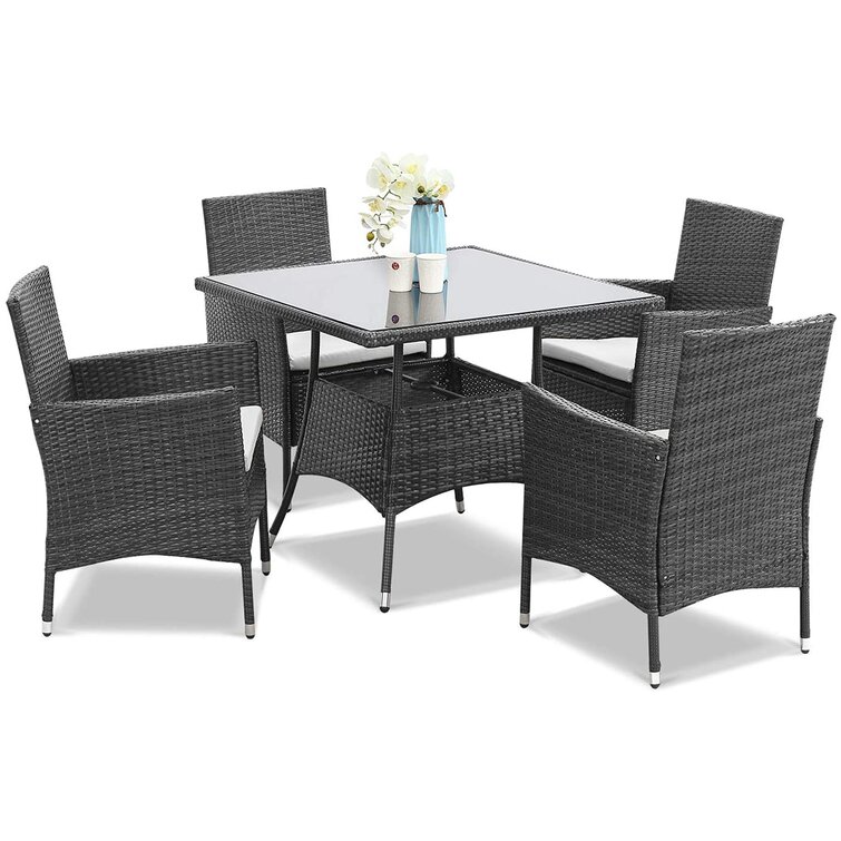 28'' Sqaure Indoor-Outdoor Restaurant Table Set with 4 Gray Rattan Chairs