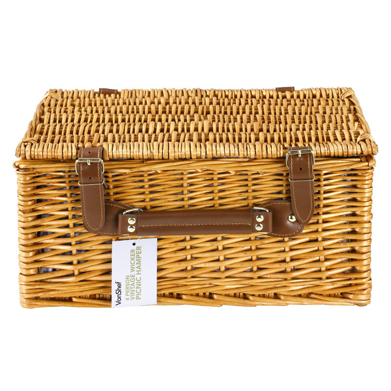 Vonshef 4 Person Wicker Picnic Hamper With Flatware Plates And Wine Glasses Reviews Wayfair