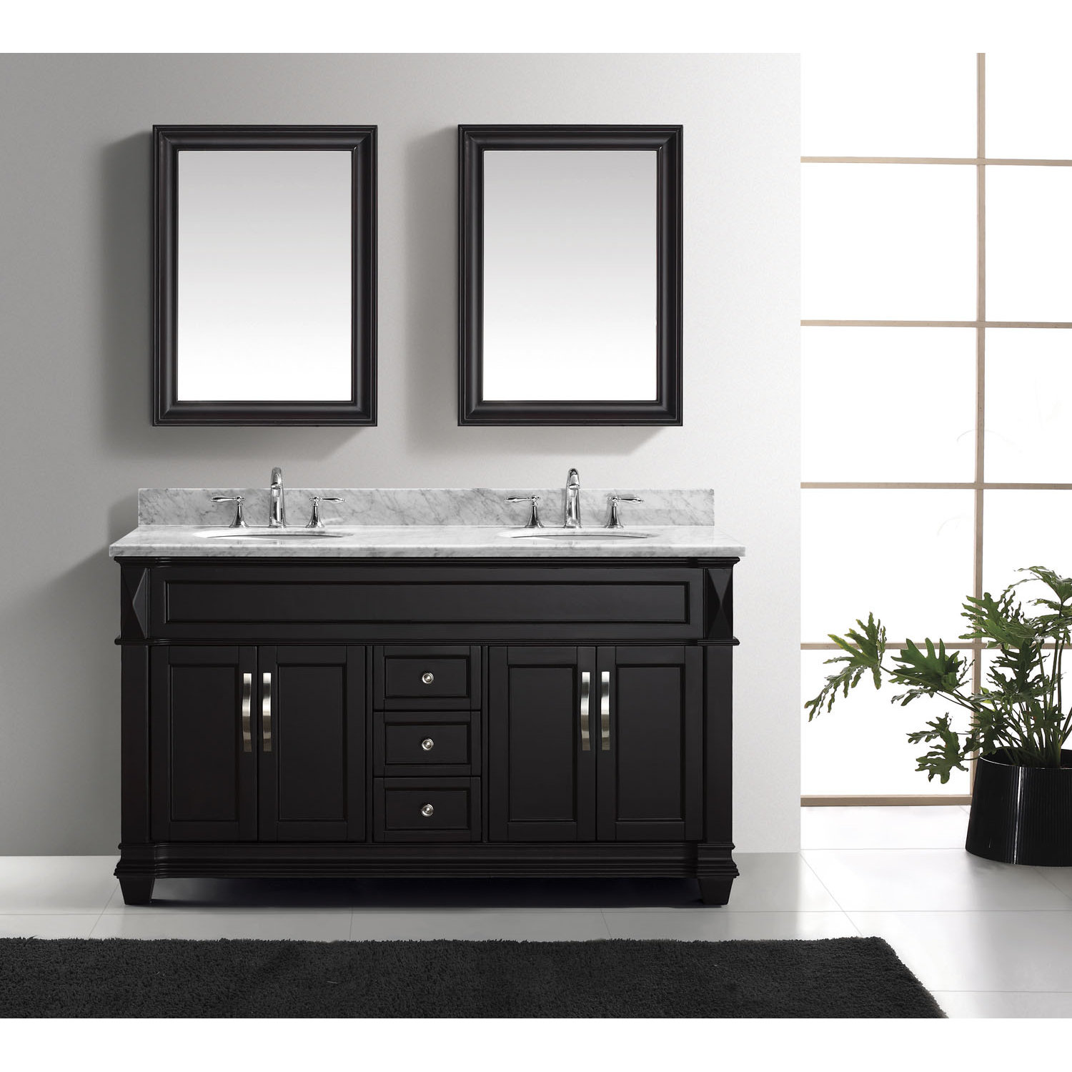 Virtu USA Victoria 61" Double Bathroom Vanity Set with White Marble Top
