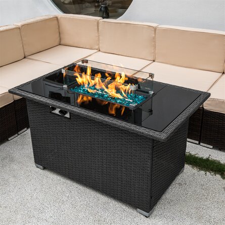 Outdoor Propane Fire Pit Table - CSA Approved Safe 50,000BTU Auto-Ignition Propane Gas Fire Table - Rattan Panel, Glass Wind Guard, Black Tempered Glass Tabletop, Clear Glass Rock